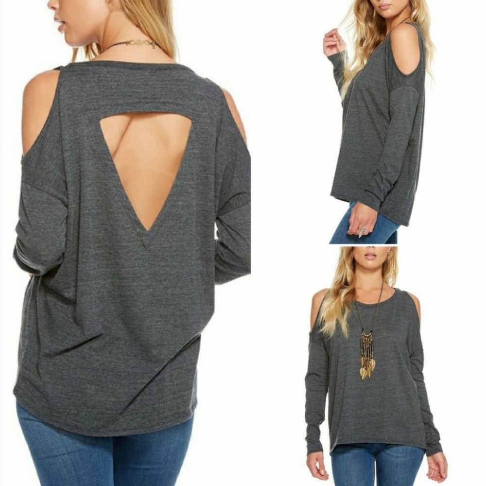 Chaser Charcoal Gray Cold Shoulder Triangle Cut Out Back Dolman Sleeve Top